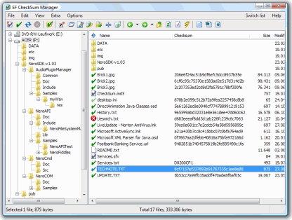 Screenshot of EF CheckSum Manager