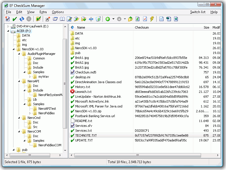 File checksum utility for the SFV, MD5, SHA1, SHA256 and SHA512 formats