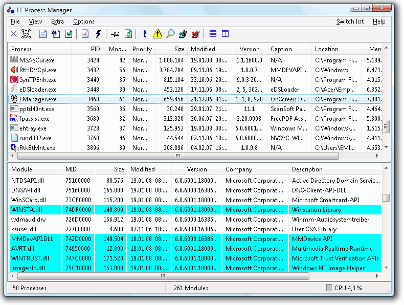 Screenshot vom Programm: EF Process Manager